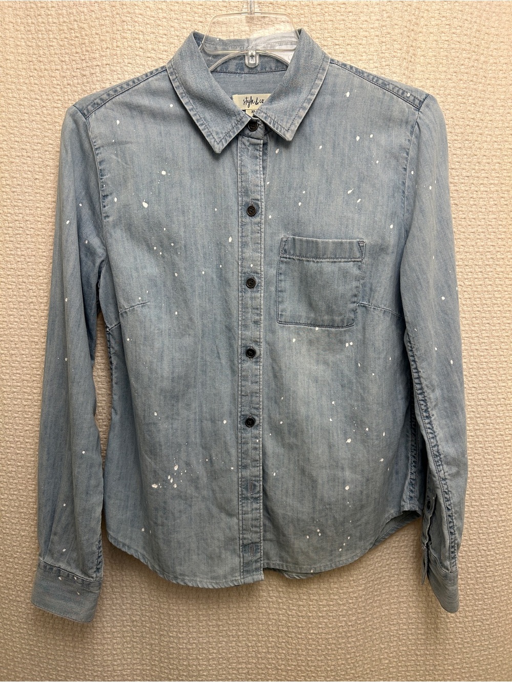Style & Co. Light Blue Denim Button-Down Shirt with White Paint Splatter